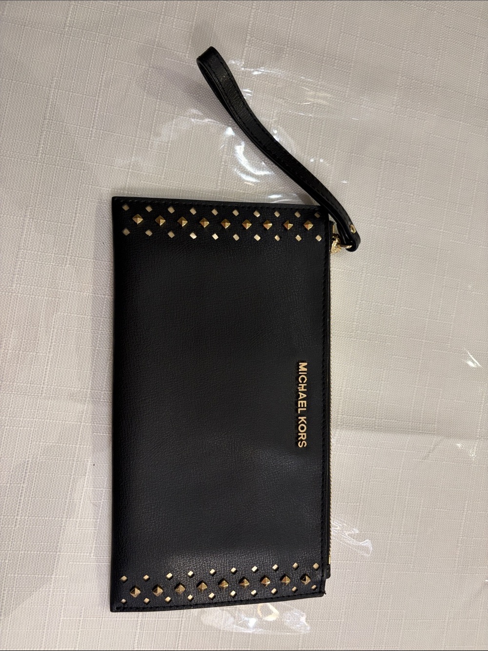 Michael Kors Black Leather Wristlet with Gold Stud Accents